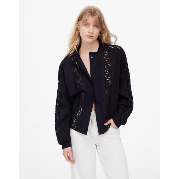 NWT Madewell Lace-Inset Pintucked Button-Up Top Size M - Picture 2 of 8